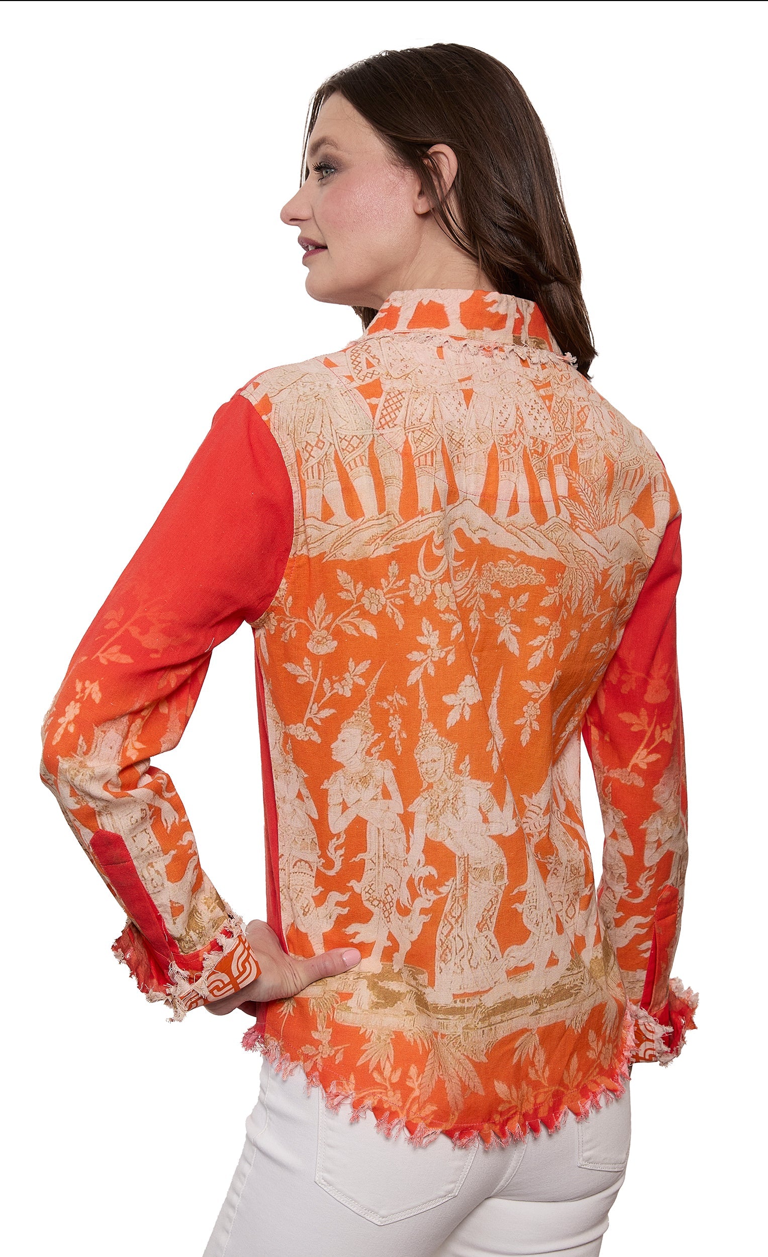 Cape Cod Top Orange Gold Thai Dancers Print Cotton Linen - Glamourous Grace