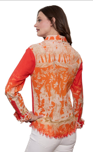Cape Cod Top Orange Gold Thai Dancers Print Cotton Linen - Glamourous Grace