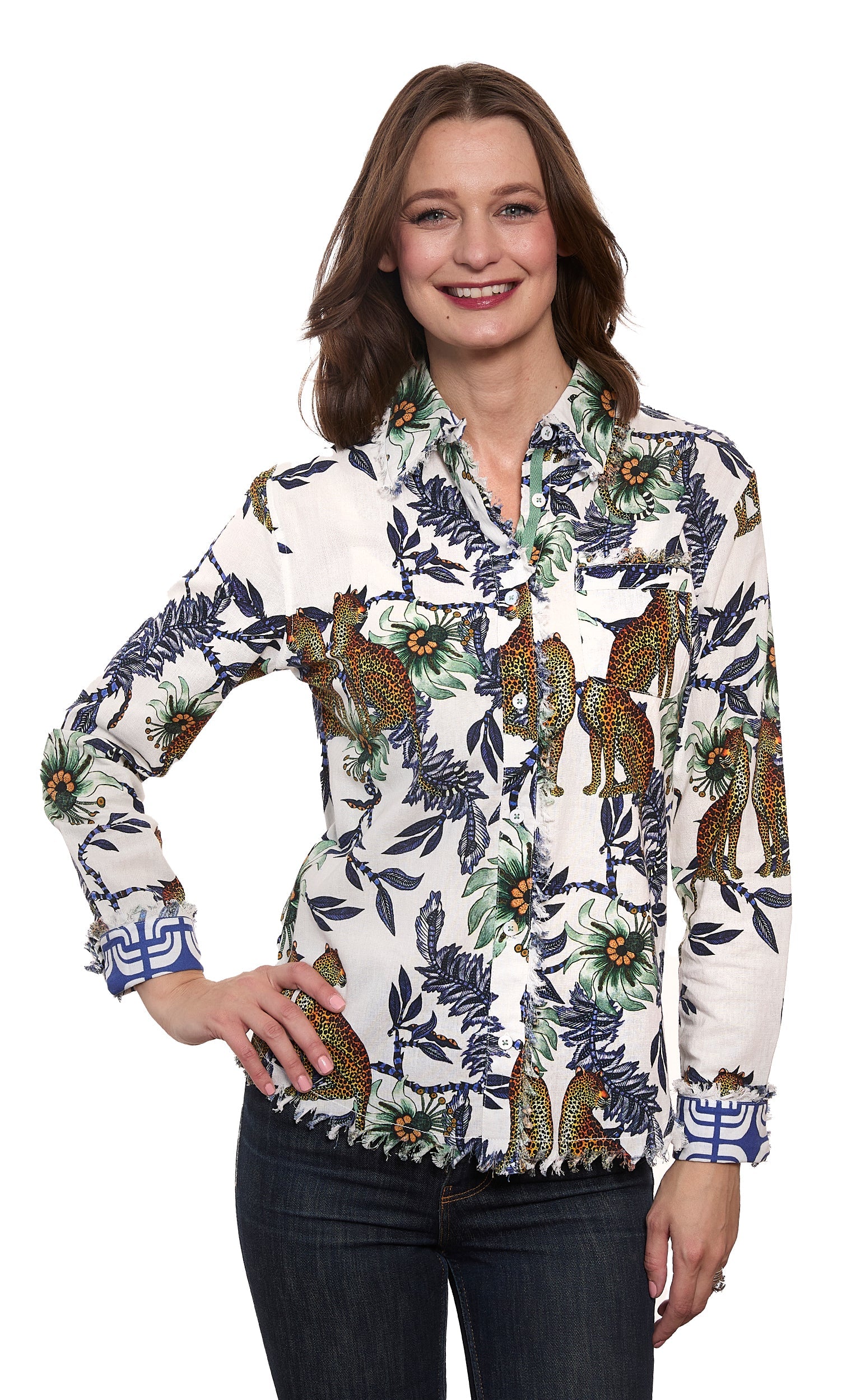 Cape Cod Top Cheetahs and Floral On Ivory Cotton Linen Ground - Glamourous Grace