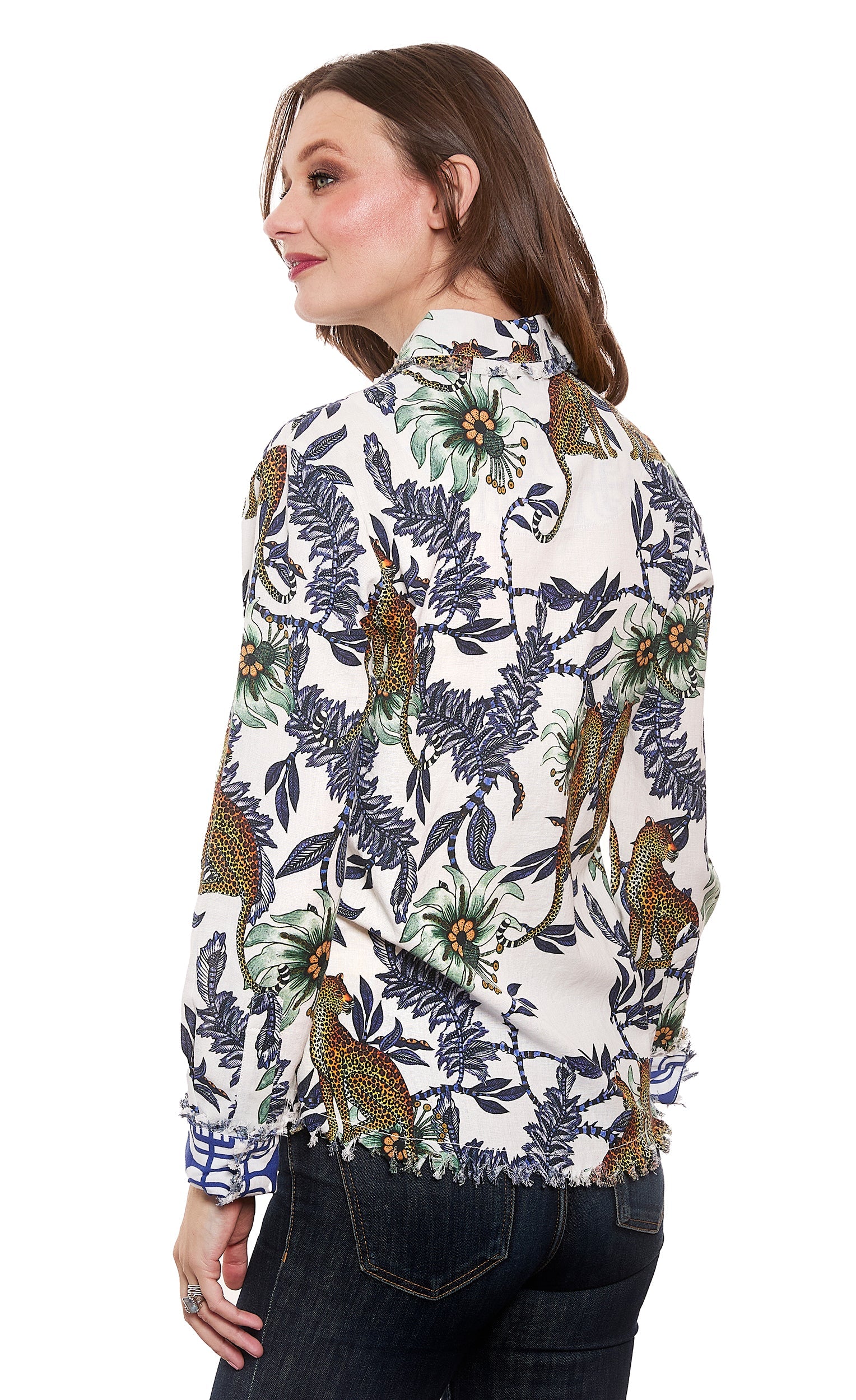 Cape Cod Top Cheetahs and Floral On Ivory Cotton Linen Ground - Glamourous Grace