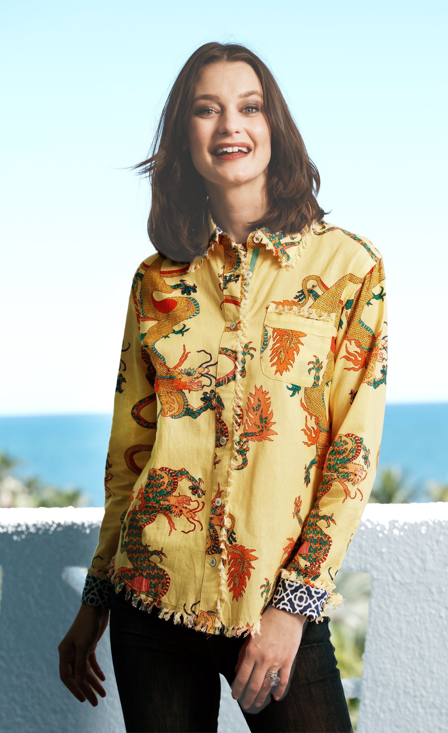 Cape Cod Top Butter Yellow Dragon Print On Cotton Linen - Glamourous Grace