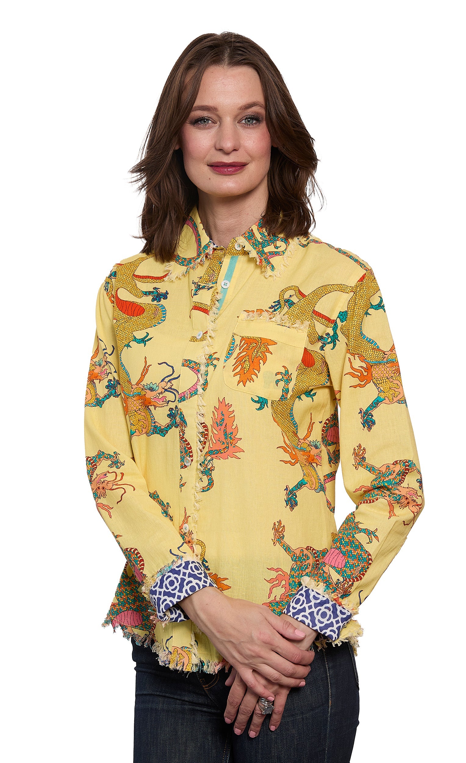 Cape Cod Top Butter Yellow Dragon Print On Cotton Linen - Glamourous Grace