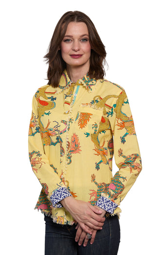 Cape Cod Top Butter Yellow Dragon Print On Cotton Linen - Glamourous Grace