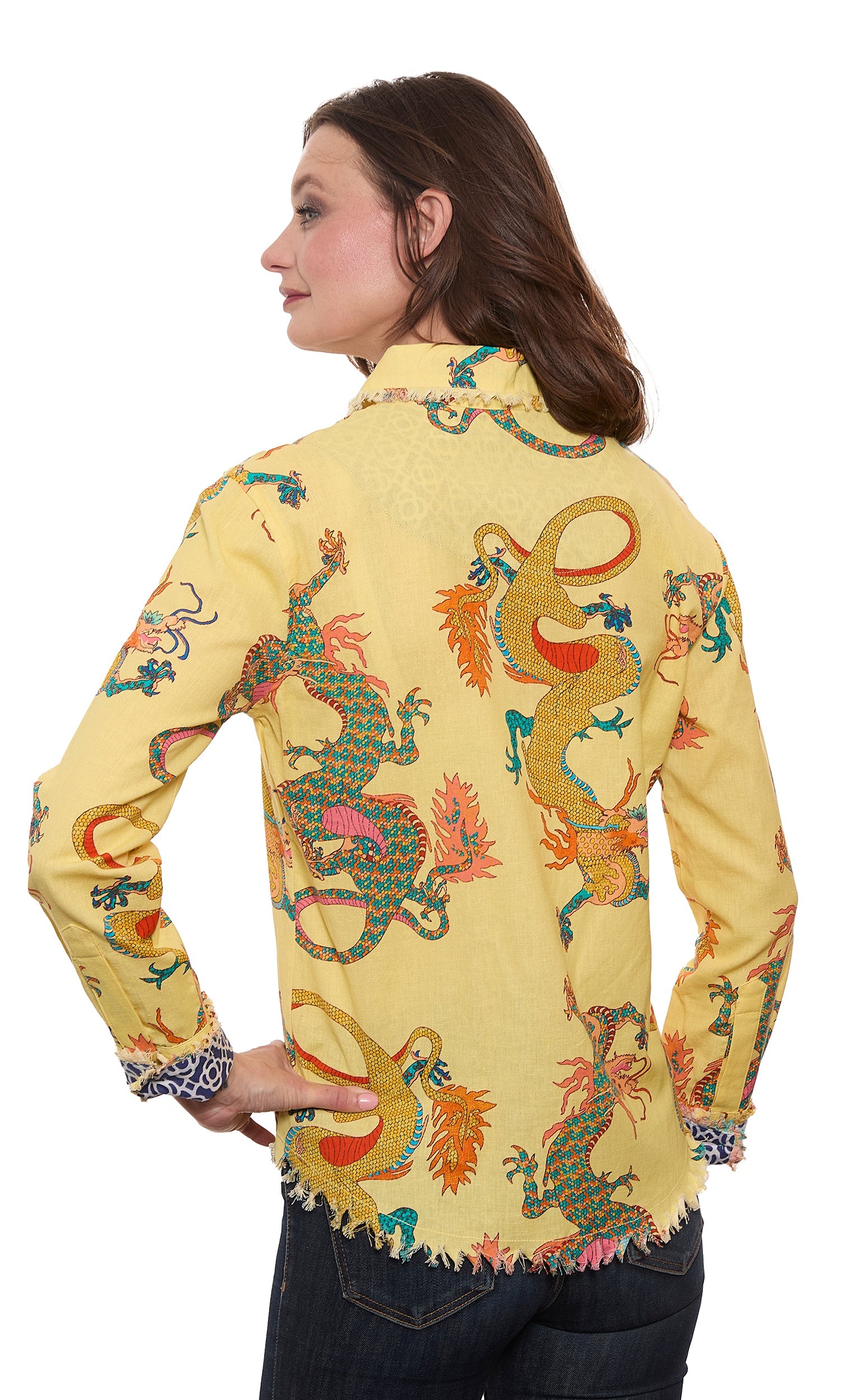 Cape Cod Top Butter Yellow Dragon Print On Cotton Linen - Glamourous Grace