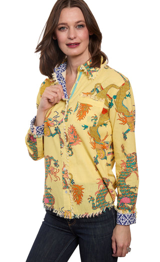 Cape Cod Top Butter Yellow Dragon Print On Cotton Linen - Glamourous Grace