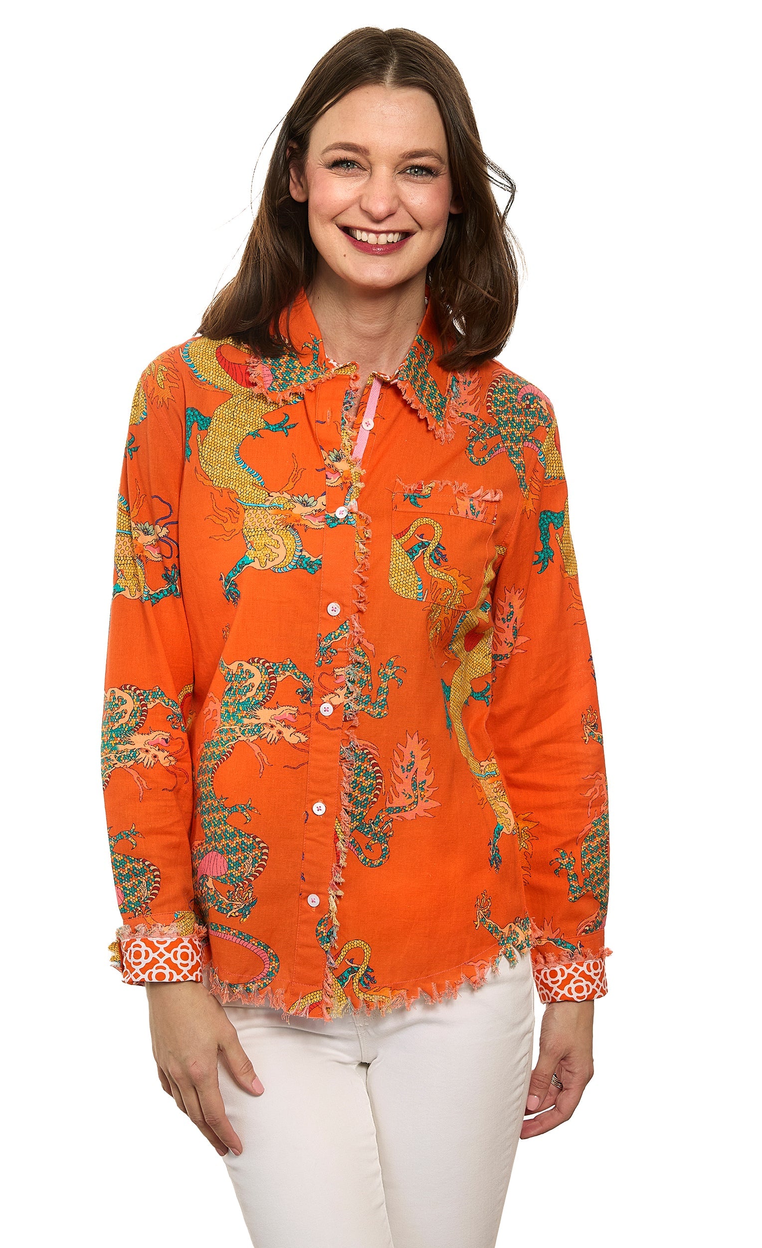 Cape Cod Top Orange Dragon Print On Cotton Linen - Glamourous Grace
