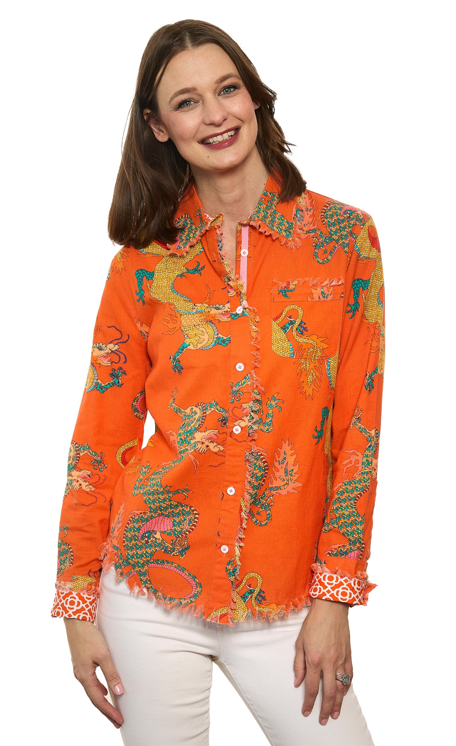Cape Cod Top Orange Dragon Print On Cotton Linen - Glamourous Grace
