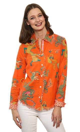 Cape Cod Top Orange Dragon Print On Cotton Linen - Glamourous Grace