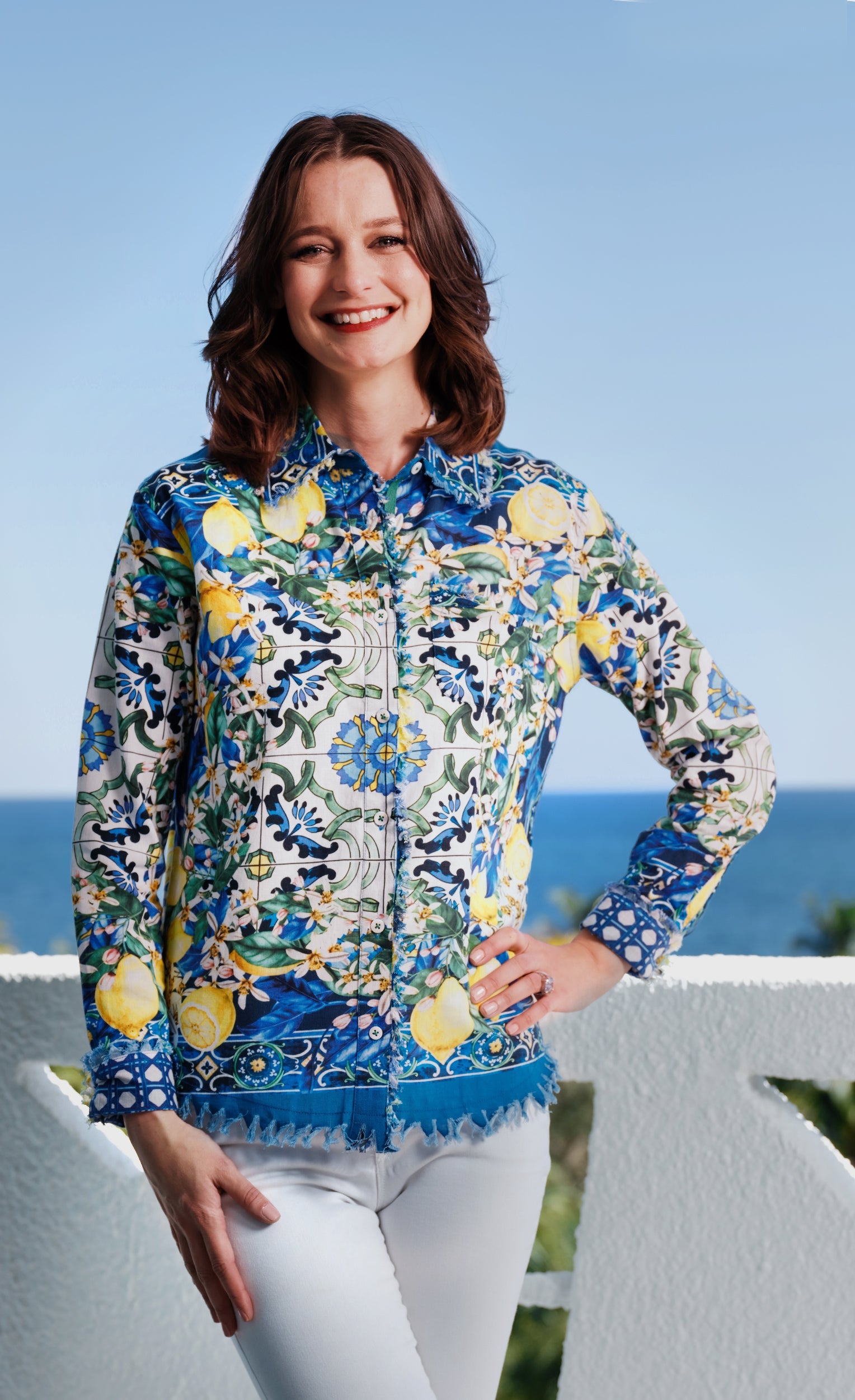 Cape Cod Top Lemons Print On Cotton Linen - Glamourous Grace