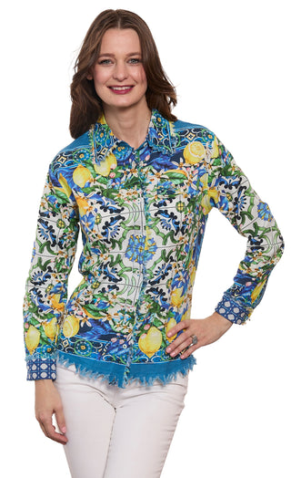 Cape Cod Top Lemons Print On Cotton Linen - Glamourous Grace
