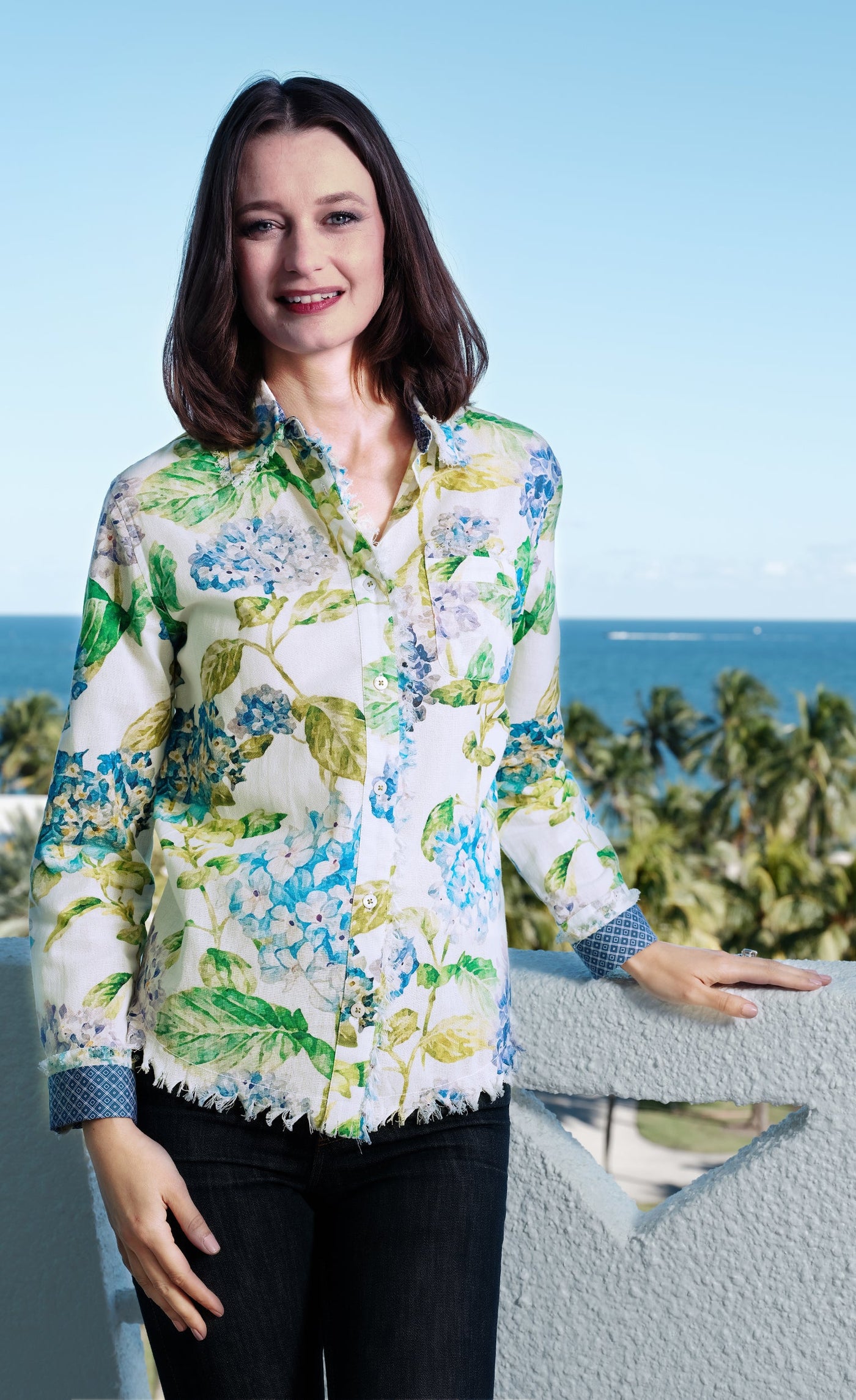 Cape Cod Top Linen Cotton Hydrangea Print Top - Glamourous Grace