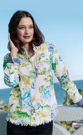 Cape Cod Top Linen Cotton Hydrangea Print Top - Glamourous Grace