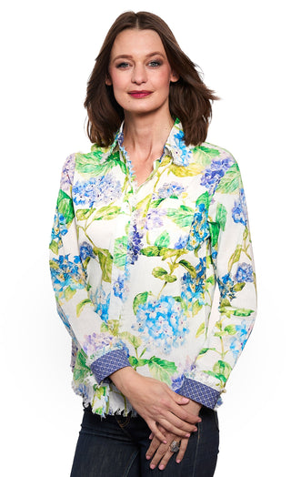 Cape Cod Top Linen Cotton Hydrangea Print Top - Glamourous Grace