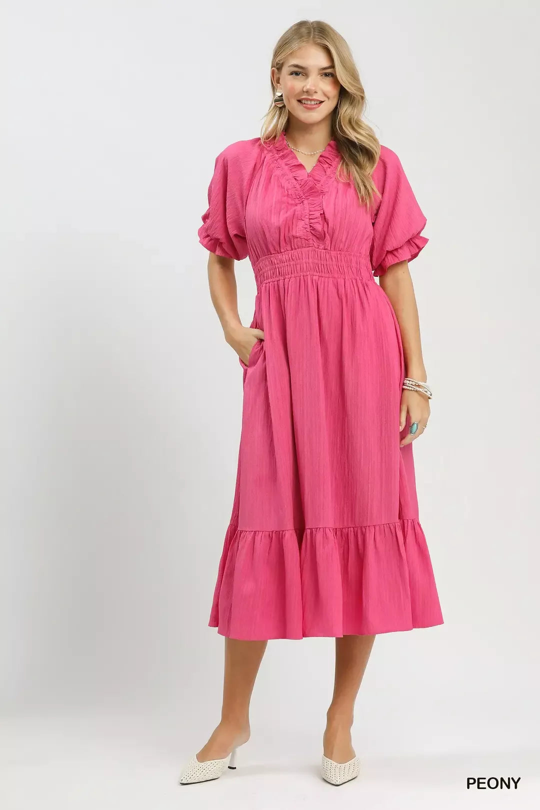 Umgee Ruffle V-Neck Midi Dress - Glamourous Grace