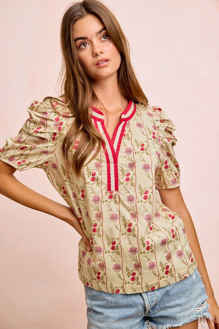 BiBi Floral Gather Sleeves Contrast Neckband Blouse Top - Glamourous Grace
