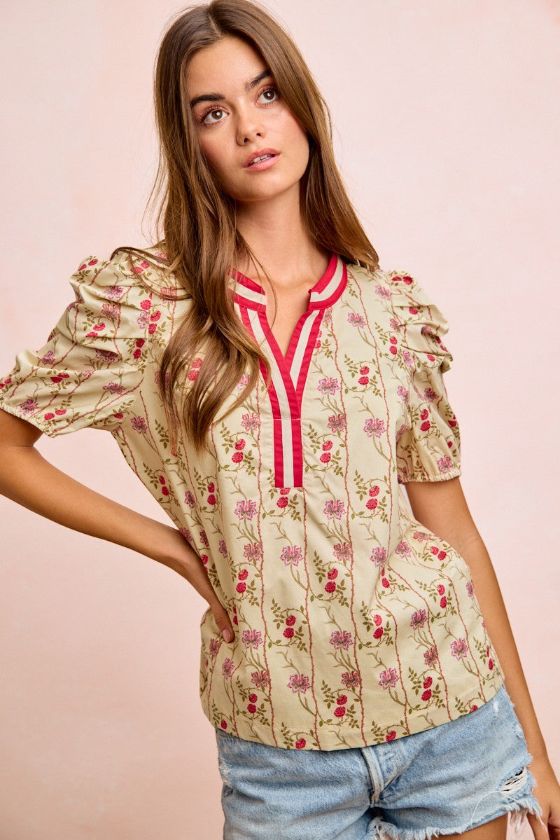 BiBi Floral Gather Sleeves Contrast Neckband Blouse Top - Glamourous Grace