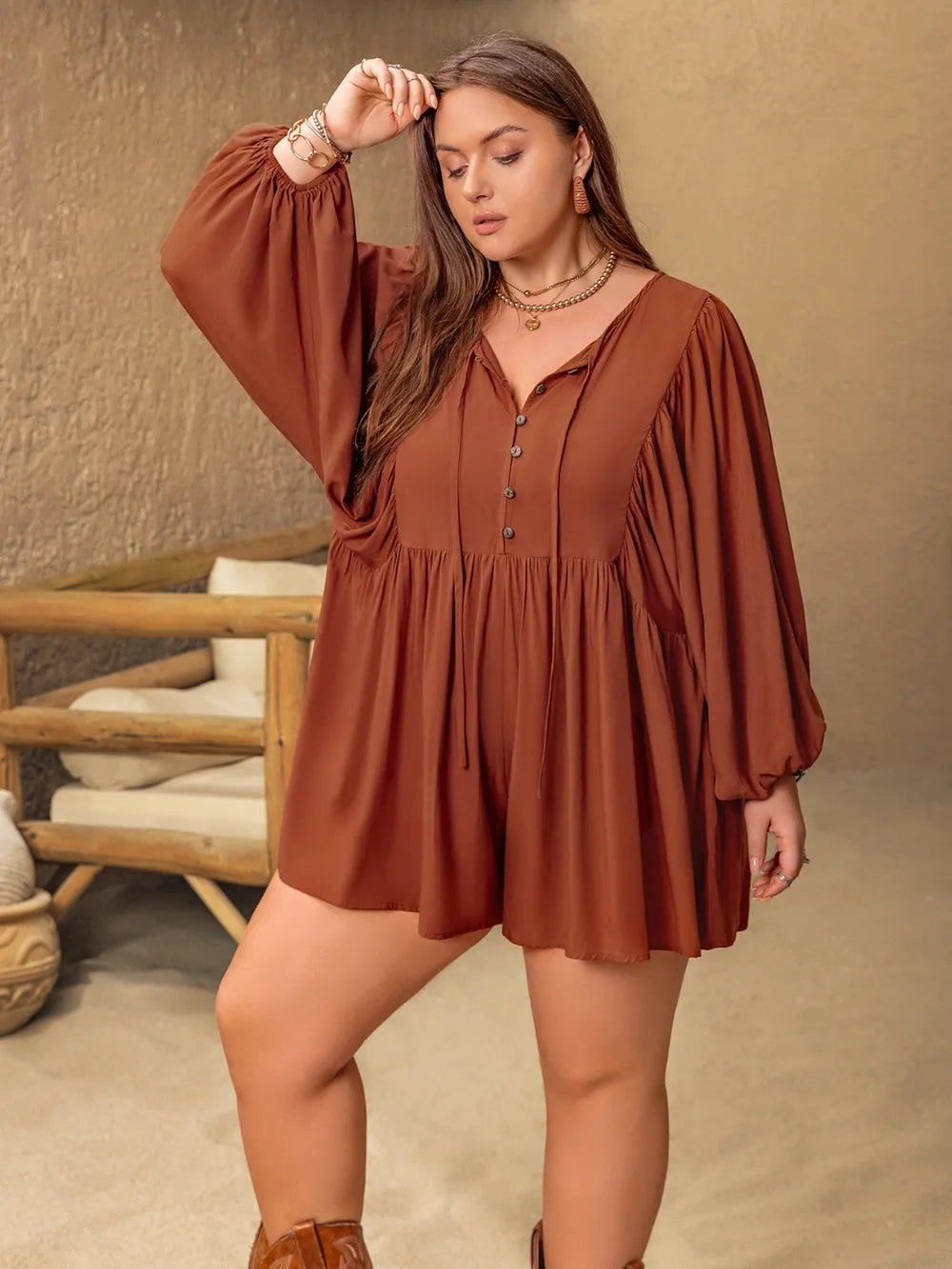 Plus Size Ruched Tie Neck Balloon Sleeve Romper - Glamourous Grace