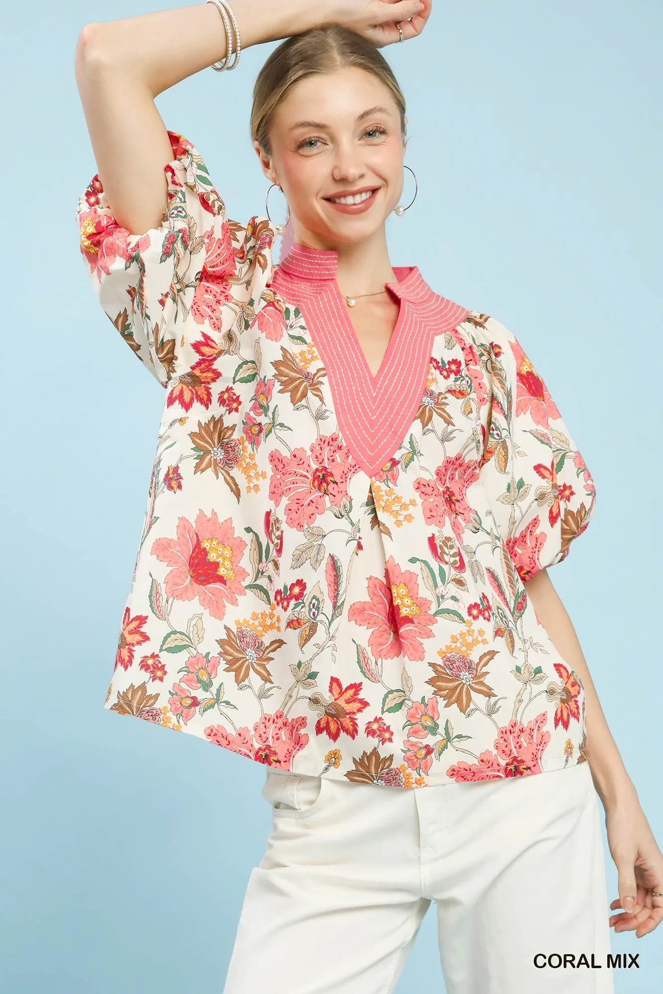 Umgee Mix Floral Puff Sleeve Blouse in Coral - Glamourous Grace