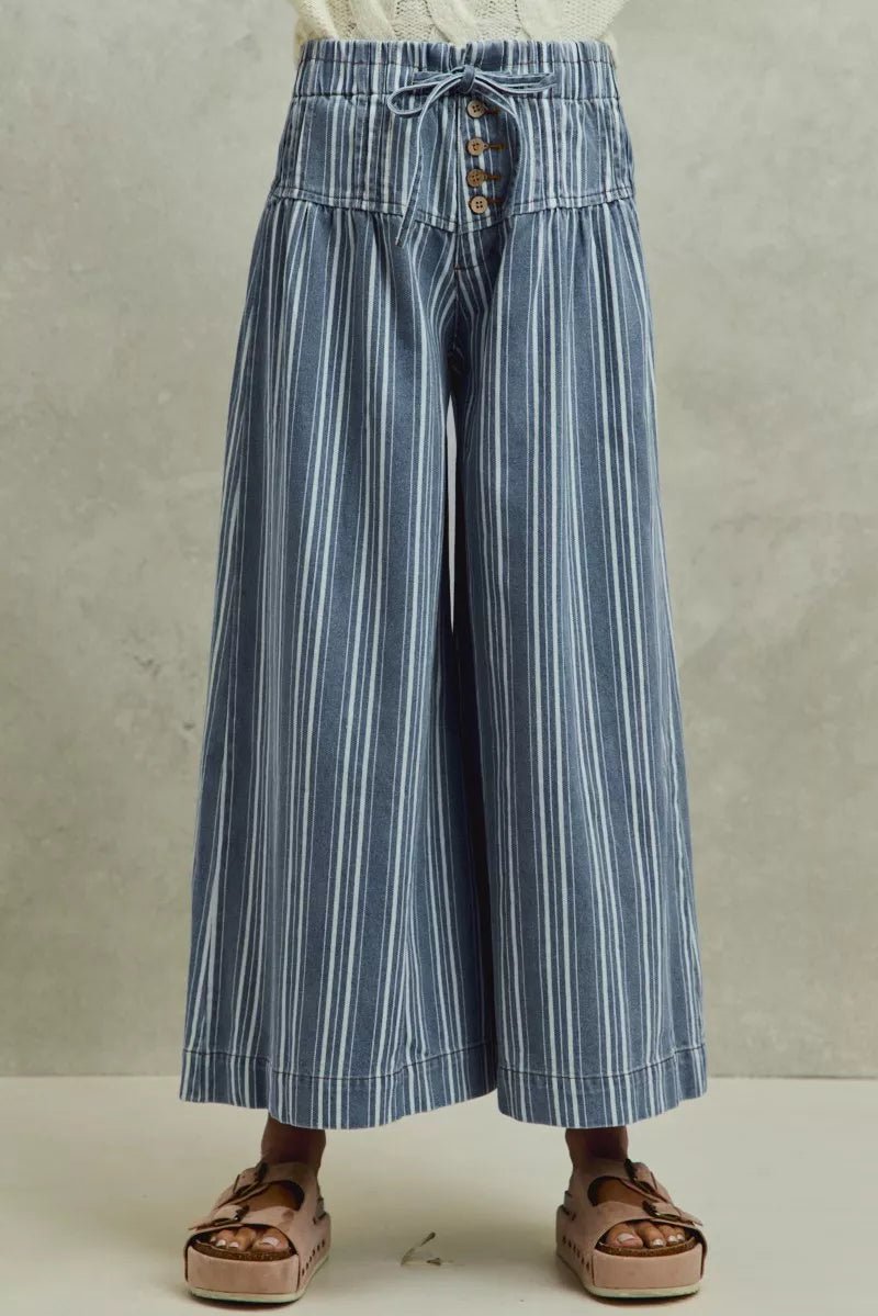 SO ME Mid Rise Stripe Denim Washed Pleat Wide Leg Pants - Glamourous Grace
