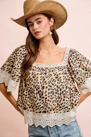 BiBi Leopard Lace Mix And Match Square Neckline Top - Glamourous Grace