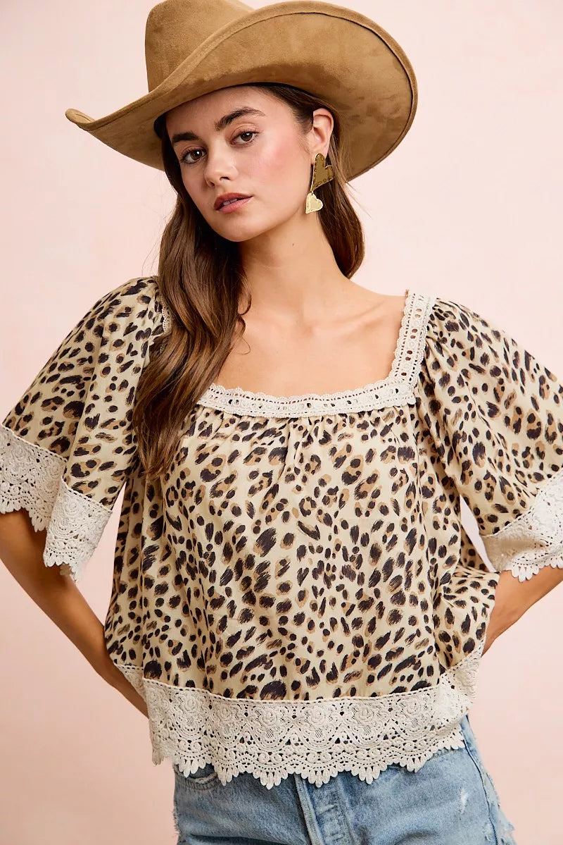 BiBi Leopard Lace Mix And Match Square Neckline Top - Glamourous Grace