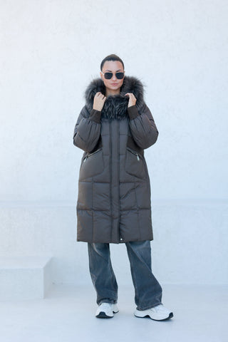 Lauren Genuine Fur Trim Down Fill Coat in Tobacco