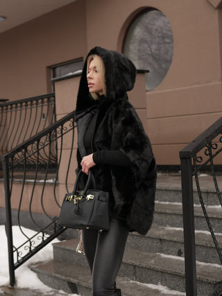 Genuine Scandinavian Mink Fur Poncho with Fully Lined Mink Hood