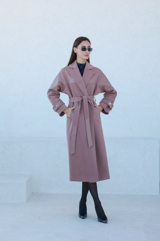 Rose Leather Trim Cashmere Blend Overcoat