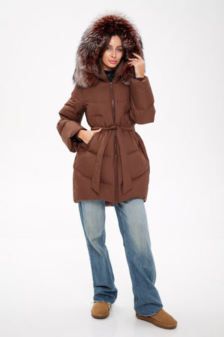 Tyler Genuine Silver Fox Down Coat in Chocolate
