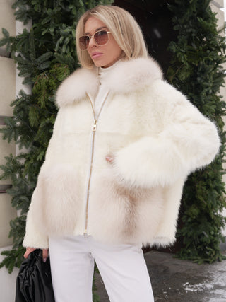Elysian Genuine Polar Fox Trim Shearling Jacket