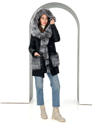Roma Genuine Silver Fox Fur Rabbit Fur Insulated Parka in Black