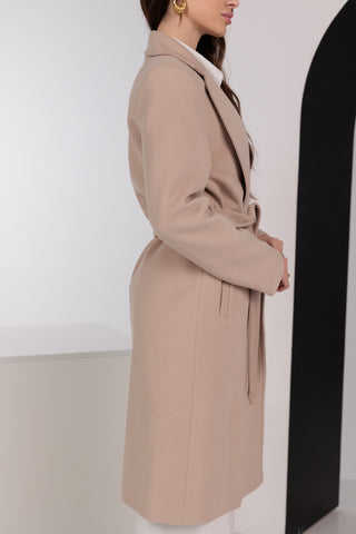 Geneva Classic Wraparound Wool Blend Overcoat in Beige
