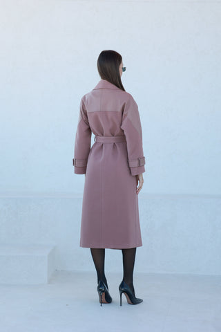 Rose Leather Trim Cashmere Blend Overcoat