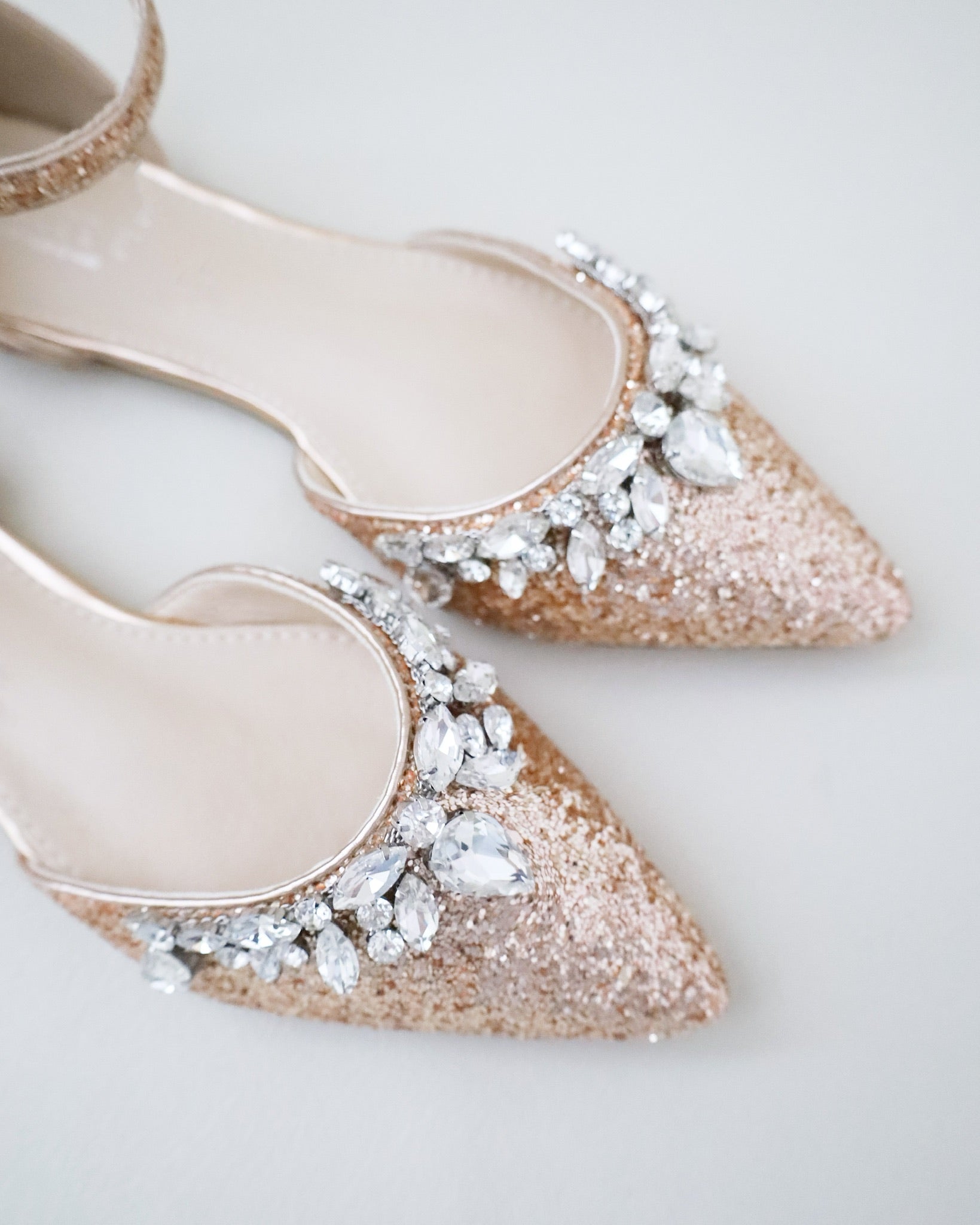 Pointy Toe Glitter Ankle Strap Flats with Teardrop Rhinestones