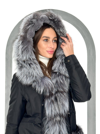 Roma Genuine Silver Fox Fur Rabbit Fur Insulated Parka in Black