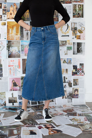 A-line Denim Maxi Skirt- Medium Wash