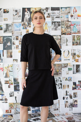 3-4 Sleeve Cotton Tee- Black