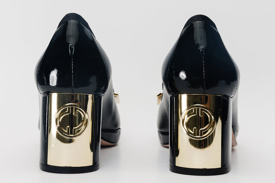 The Fano Black Leather Cap Toe Block Heel Pump Women Shoe - Glamourous Grace