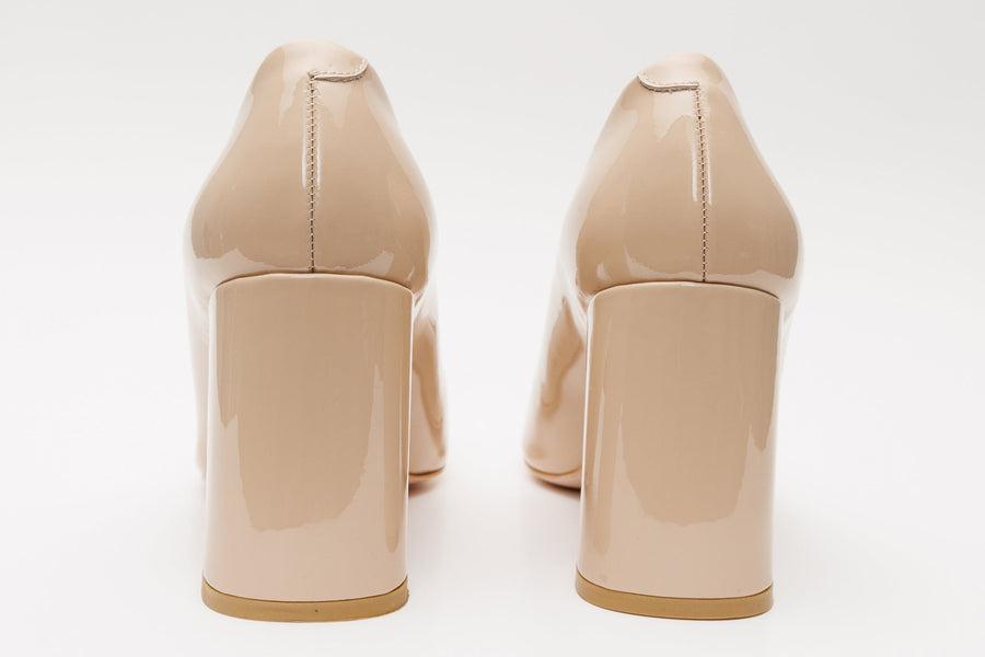 The Ferrara Cream Patent Leather Block Heel Pump Women Shoe - Glamourous Grace