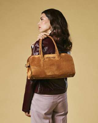 Chiara (cognac) - Italian calf suede women's handbag (with shoulder strap) - Glamourous Grace