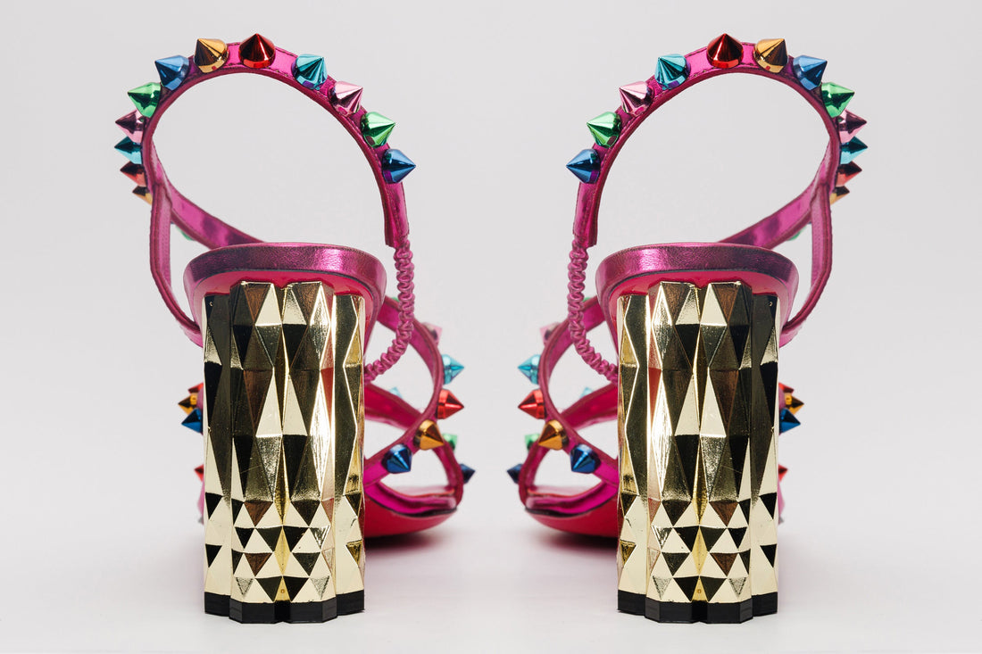 The Caris Fuchsia Block Heel Spike Leather Women Sandal Final Sale! - Glamourous Grace