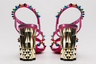The Caris Fuchsia Block Heel Spike Leather Women Sandal Final Sale! - Glamourous Grace