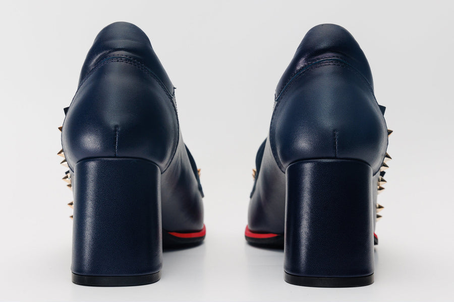 The Infanta Navy Blue Spike Leather Block Heel Pump Women Shoe - Glamourous Grace
