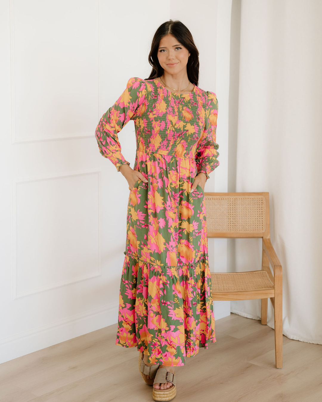 Tinsley Floral Puff Sleeve Smocked Bodice Frill Tiered Dress - Glamourous Grace