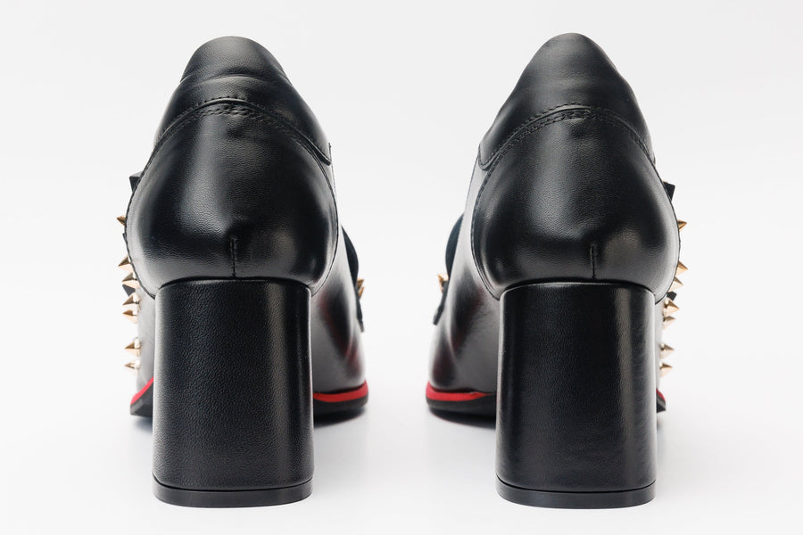 The Infanta Black Spike Leather Block Heel Pump Women Shoe - Glamourous Grace