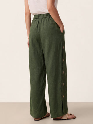 LINTICO 100% linen buttoned slit-hem pants with relaxed fit and side pockets, displayed on a neutral background.