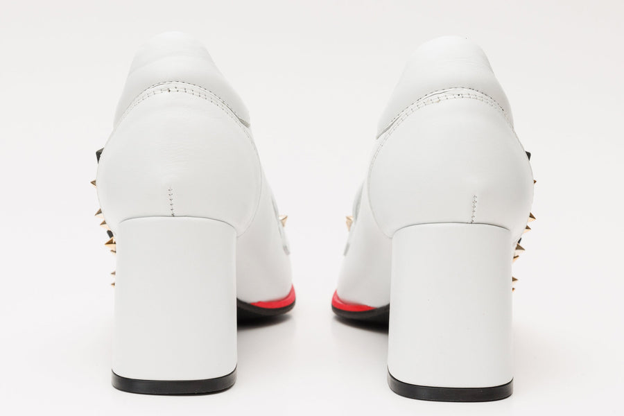 The Infanta White Spike Leather Block Heel Pump Women Shoe - Glamourous Grace