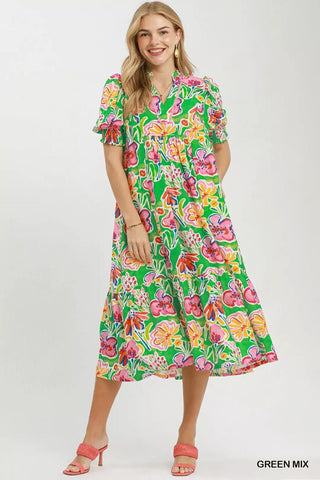 Umgee Floral Print Puff Sleeve Tiered Midi Dress - Glamourous Grace