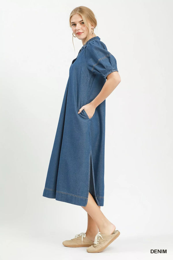 Umgee Chambray Collared Puff Sleeve Dress - Glamourous Grace