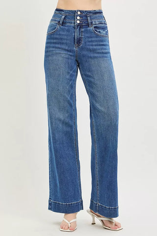RISEN High Rise Wide Leg Wide Band Detail Jeans